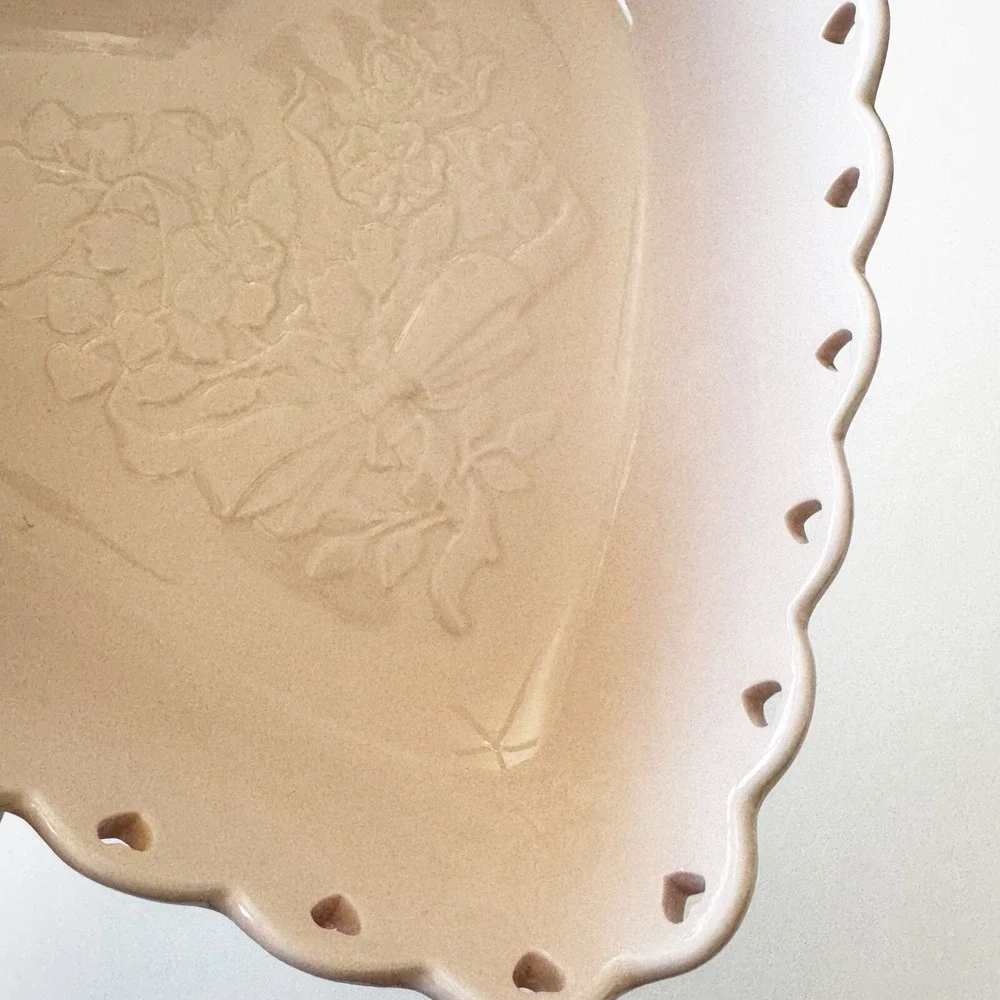 Longaberger 2005 Sweetest Heart PINK Heart Shape Bowl Dish And Candle Plate Read